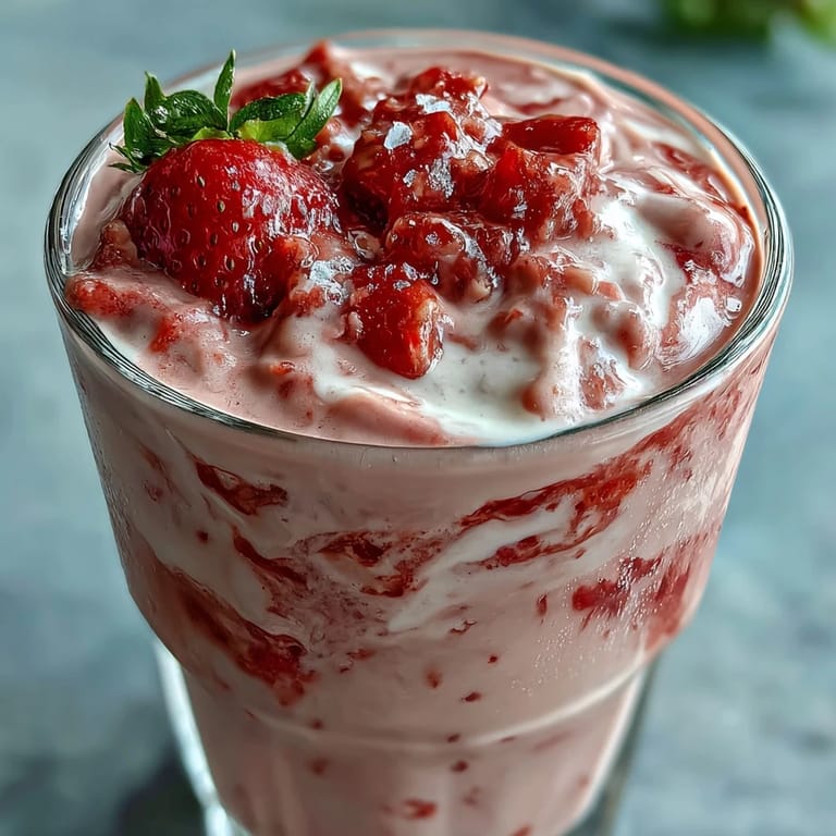 Refreshing strawberry shortcake protein smoothie with banana, yogurt, and vanilla protein powder.  