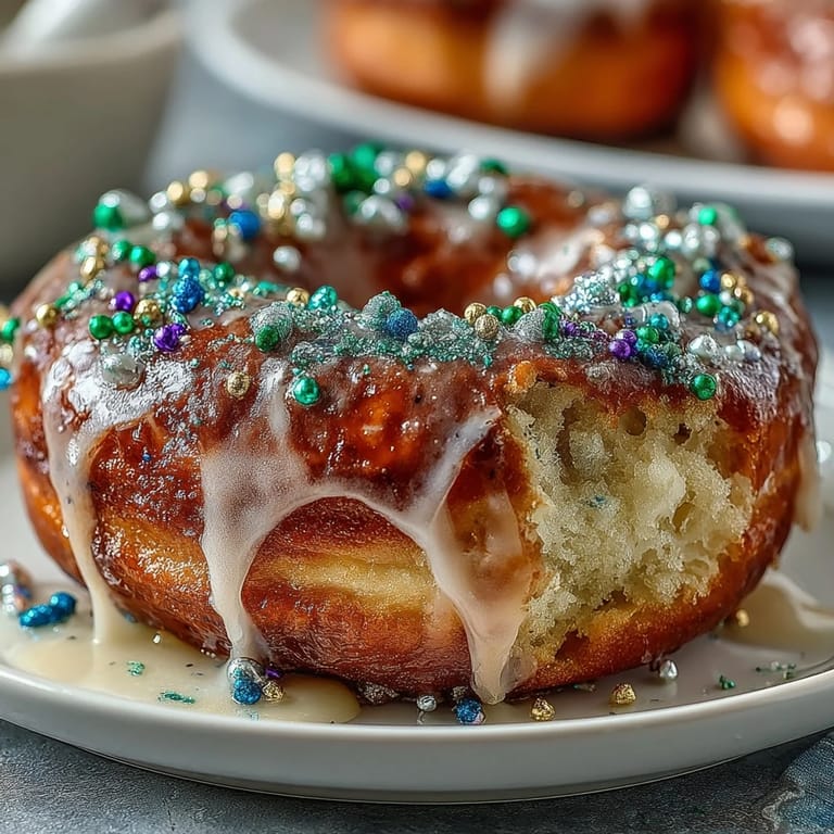 Celebrate Mardi Gras with colorful King Cake Donuts topped with vanilla glaze and vibrant sanding sugar sprinkles.  
