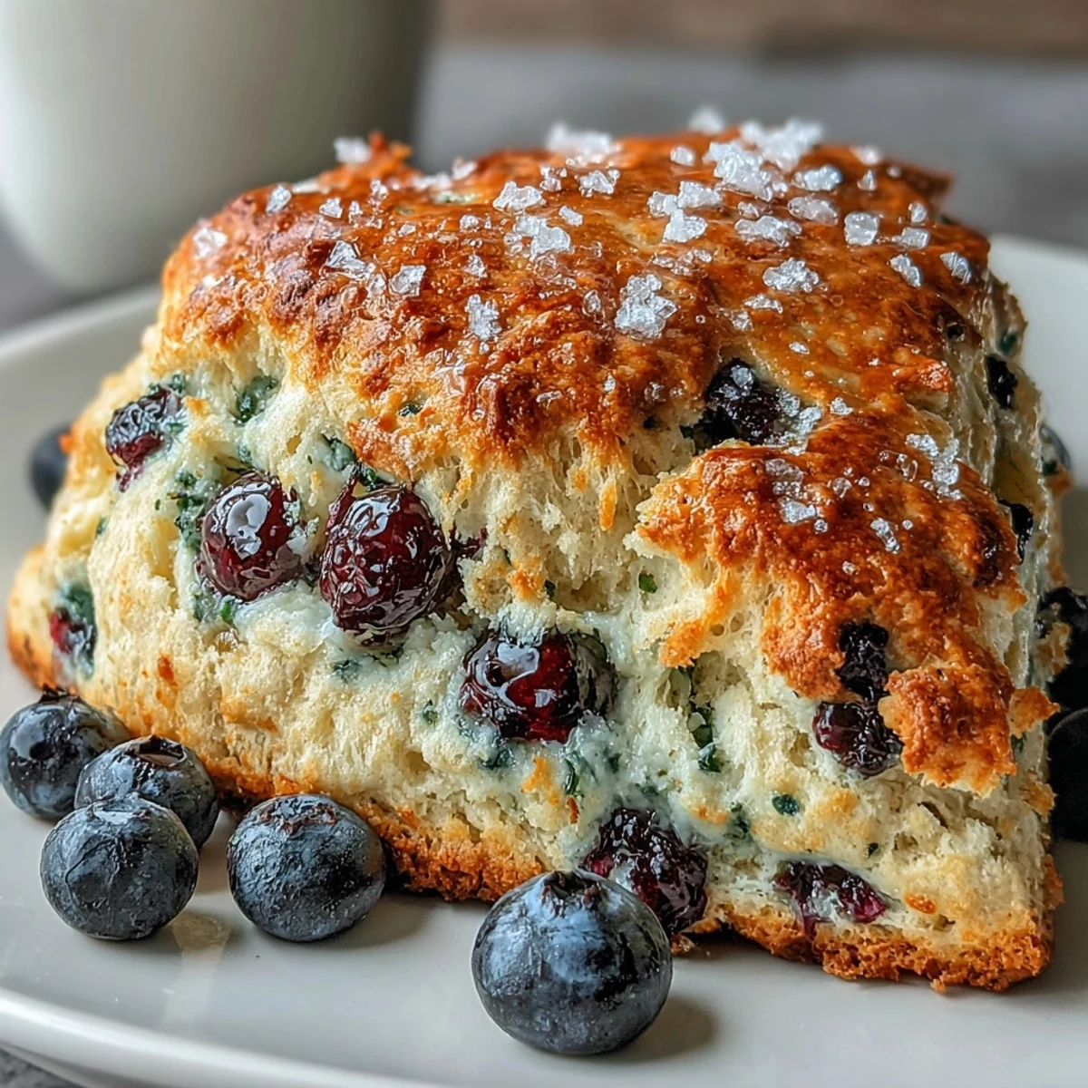 Flaky homemade scones featuring tangy sourdough discard and fresh blueberries, brushed with cream and sprinkled with coarse sugar.  