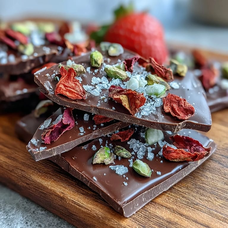 Rich dark chocolate bark studded with crunchy pistachios, rose petals, and a touch of gold leaf, inspired by Dubai's opulence.
