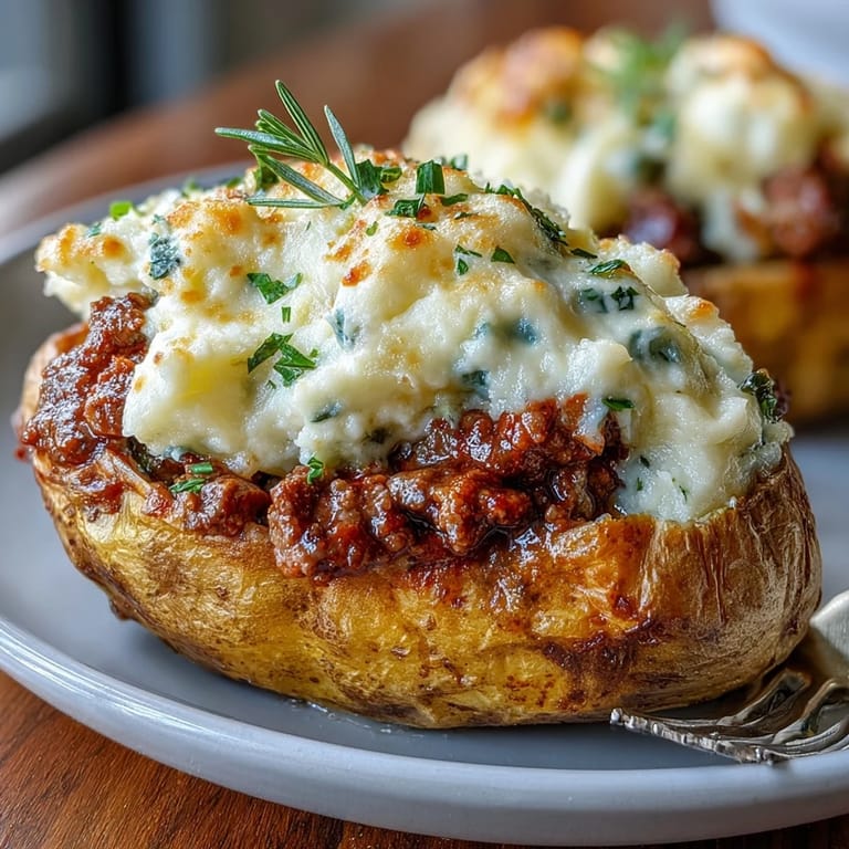 Golden-baked shepherd's pie stuffed potatoes loaded with hearty beef and vegetable filling, finished with fluffy mashed potato topping.  