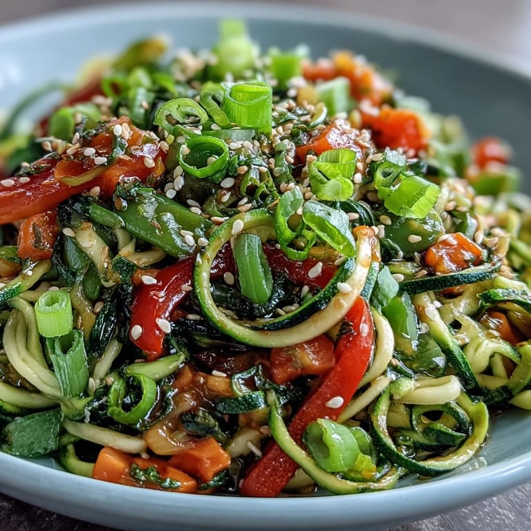 Healthy, colorful zucchini noodles tossed with fresh vegetables and aromatic garlic-ginger sauce for a quick, gluten-free meal.
