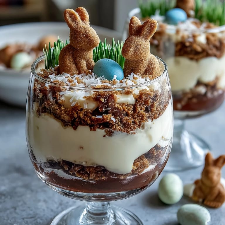 Festive Easter Bunny Dirt Cups for Kids featuring chocolate pudding, crushed Oreo cookies, and candy eggs in individual cups.
