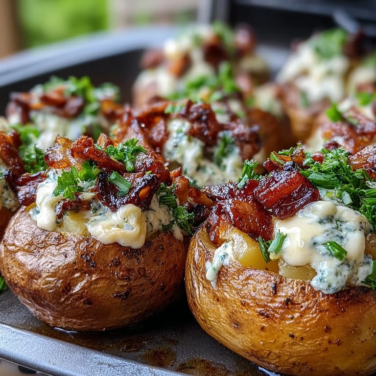BBQ baby shower loaded baked potato salad featuring tender roasted potatoes, tangy BBQ sauce, and crunchy bacon bits for a crowd-pleasing side dish.