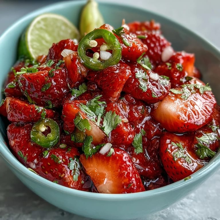 Vibrant strawberry salsa with jalapeño and lime, offering a sweet and spicy kick for summer gatherings.