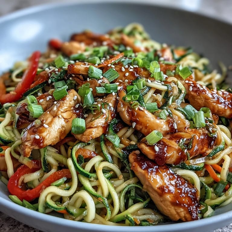 A low-carb Asian-inspired dish featuring tender chicken, crisp zucchini noodles, and fresh vegetables in a glossy, flavorful stir fry sauce.
