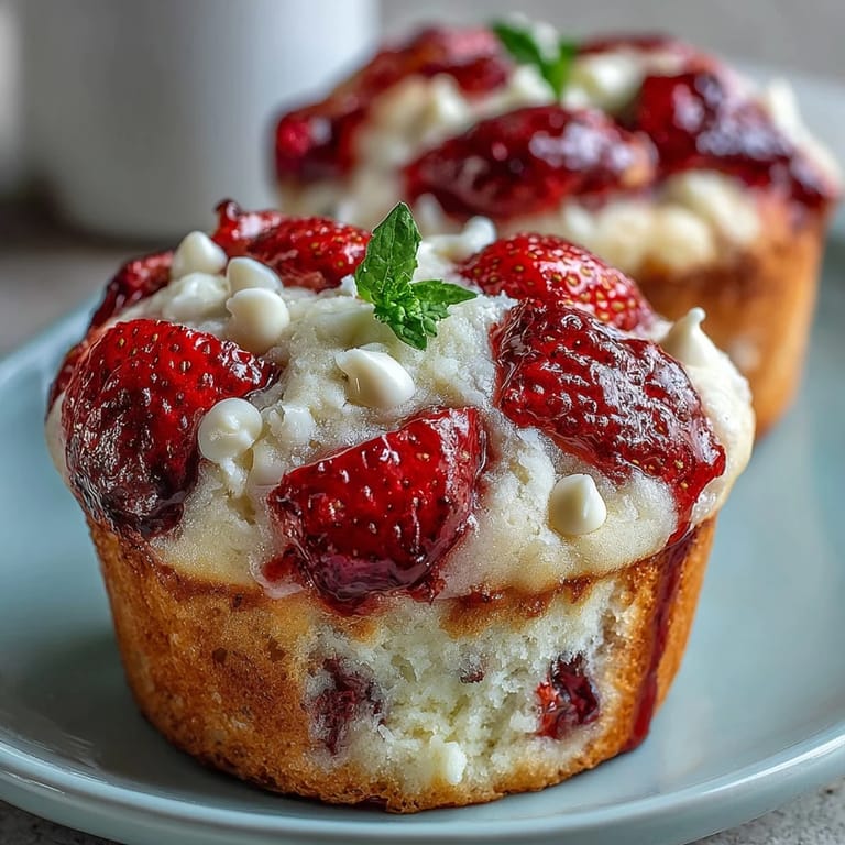 Homemade strawberry muffins with white chocolate chips, tender crumb and juicy berry bursts.