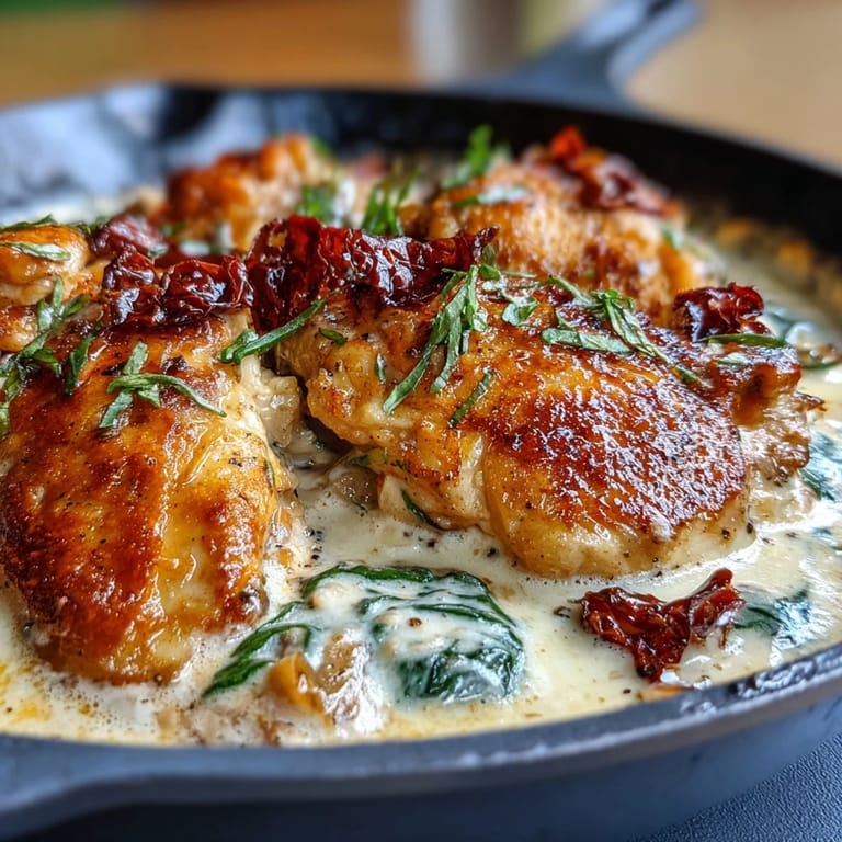 Indulgent Creamy Tuscan Chicken Skillet featuring tender chicken breasts bathed in a velvety Parmesan cream sauce with vibrant sun-dried tomatoes and fresh baby spinach.