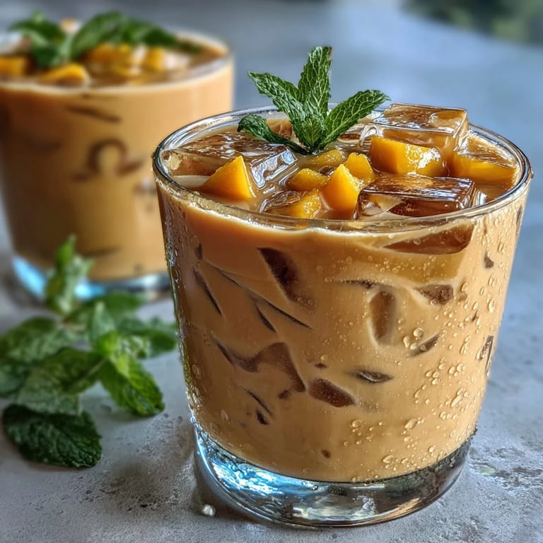 A pitcher of Mango Peach Iced Tea with Mint, garnished with fruit slices and aromatic mint leaves.