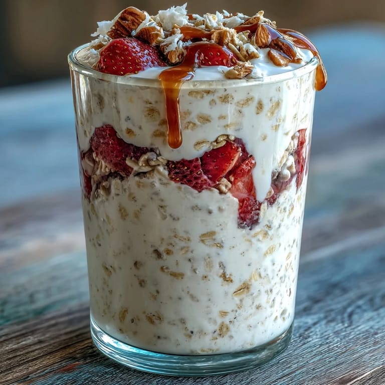 Overnight oats with strawberry and chia seeds, topped with crunchy nuts and coconut flakes, ready for a nutritious grab-and-go meal.