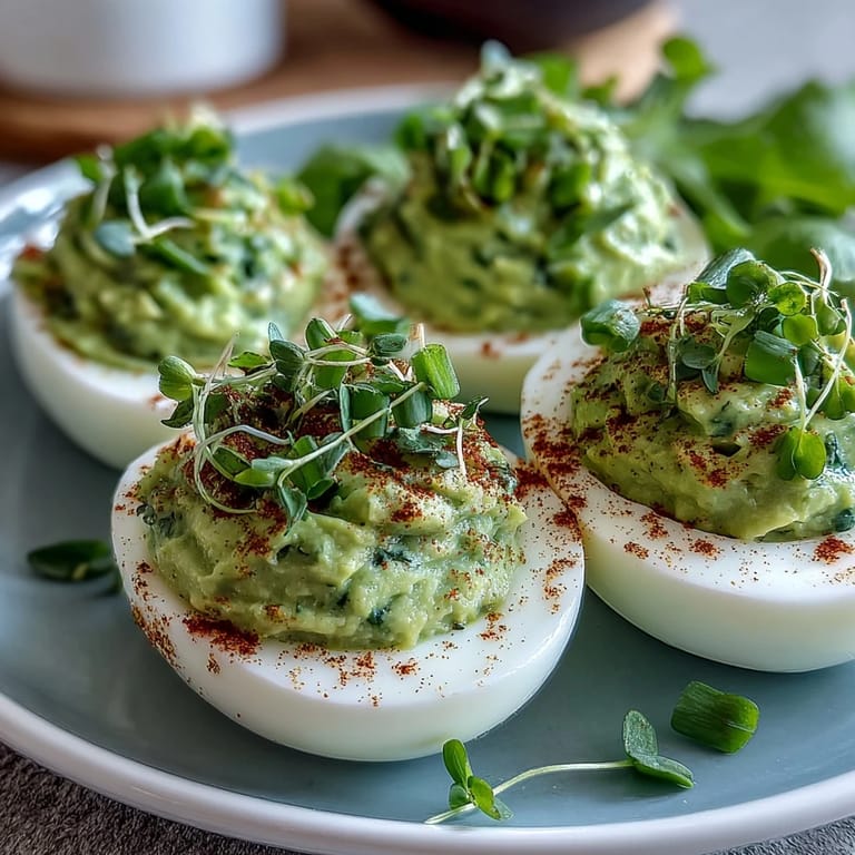 Creamy avocado filling piped into classic deviled egg whites, topped with herbs for a vibrant, nutritious appetizer.