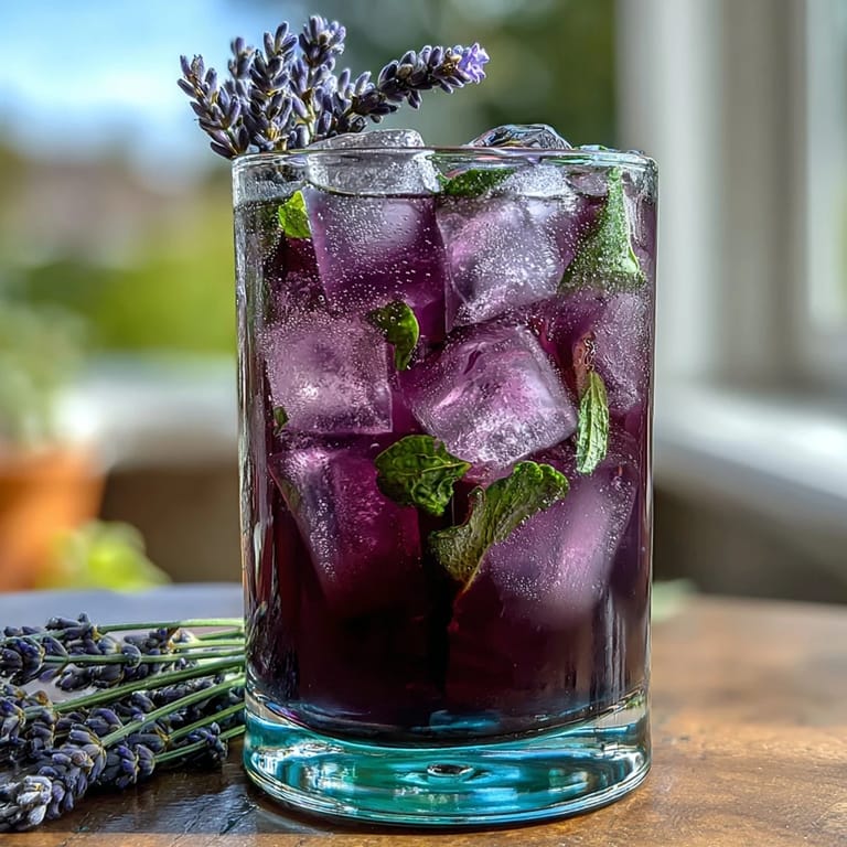 Homemade lavender lemonade with fresh mint, a floral and citrusy beverage garnished with mint leaves and lemon slices, ideal for spring gatherings.