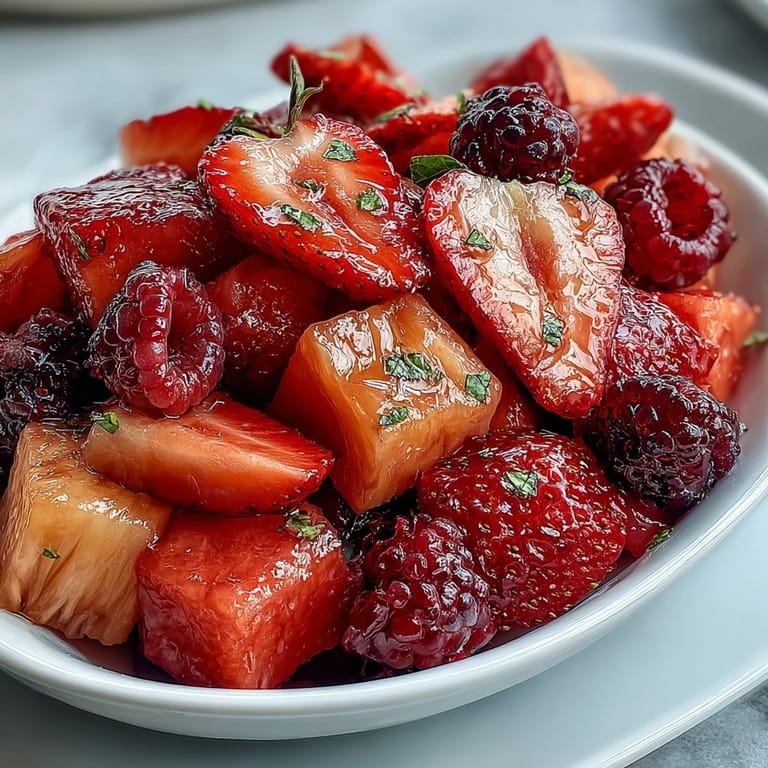 Refreshing strawberry lemonade fruit salad bursting with sweet berries and citrus, garnished with fresh mint for a cool summer treat.