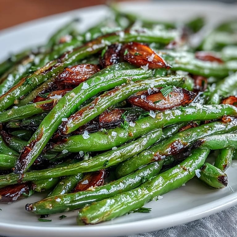 Golden roasted green beans tossed with garlic and lemon zest, perfect for a festive Easter dinner table.
