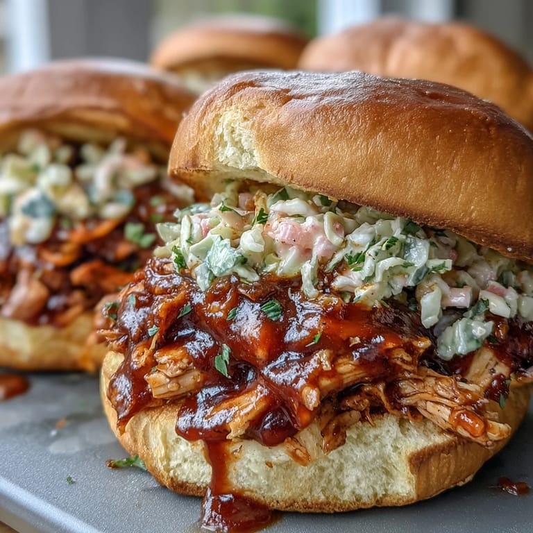Tender slow-cooked BBQ chicken with smoky sauce, served on soft buns for an easy summer meal.