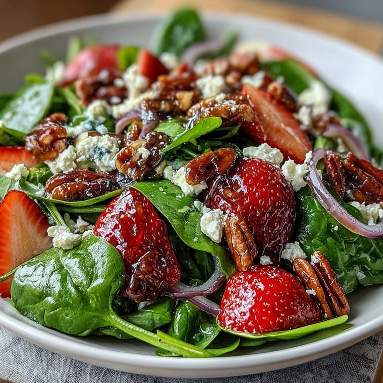 Bright and colorful strawberry spinach salad with creamy goat cheese and crunchy candied pecans, perfect for Easter.