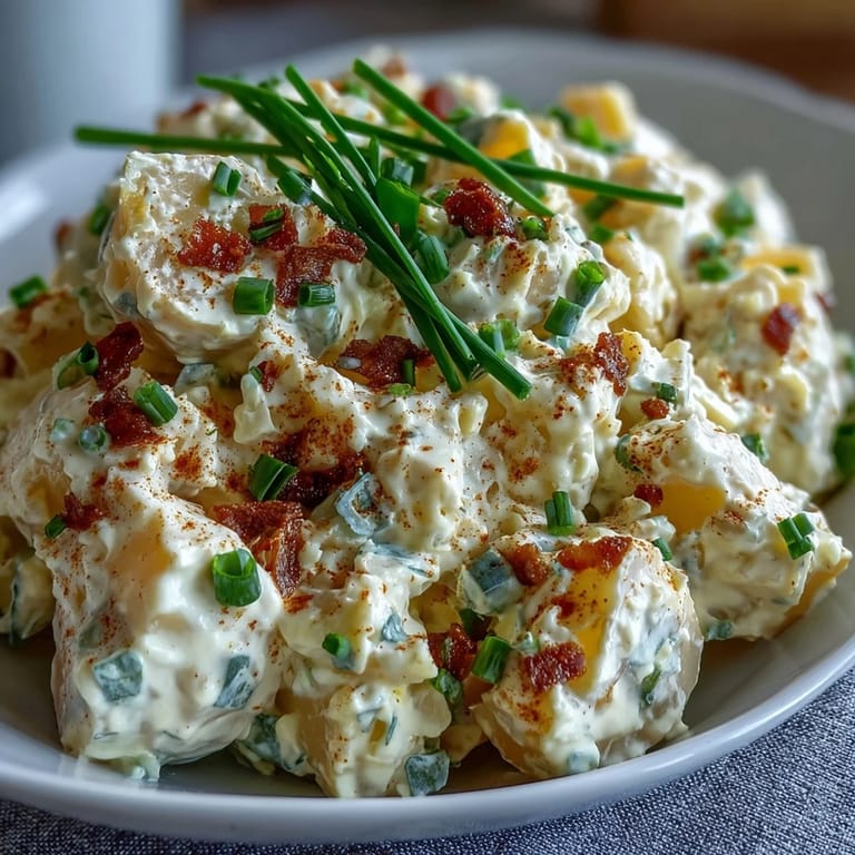Golden potatoes and chopped eggs tossed in zesty deviled egg dressing, garnished with smoked paprika and chives for a crowd-pleasing side.