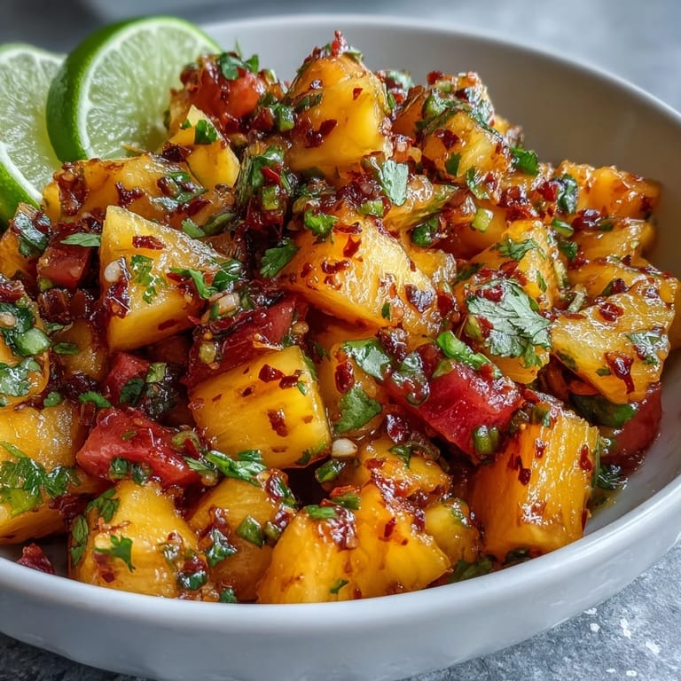 Tropical mango and pineapple tossed with lime juice and Tajín, served in colorful cups for a festive treat.