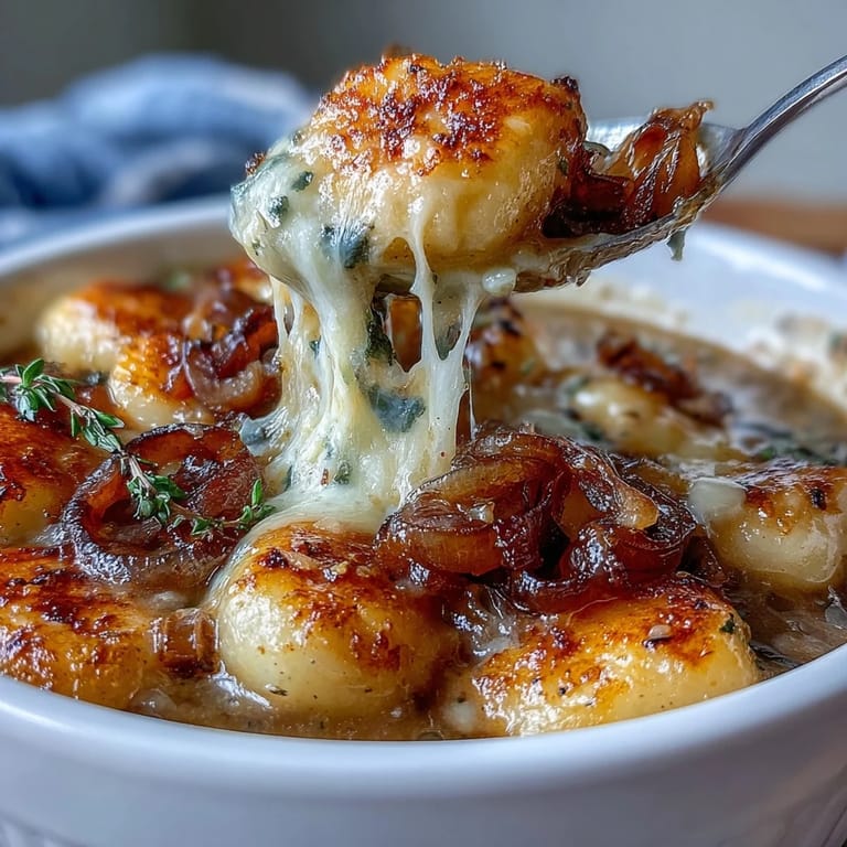 Golden-brown toasted baguette slices float atop a rich Gnocchi French Onion Soup, garnished with fresh parsley.