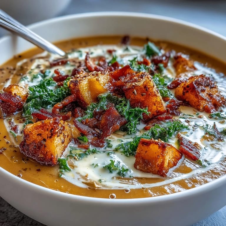 Rich sweet potato chowder simmered with smoky pancetta, kale, and warming spices for cozy comfort.