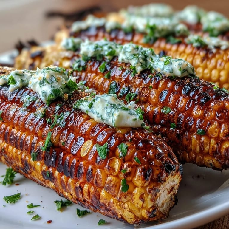 Festive platter of grilled sweet corn on the cob, each cob topped with a choice of herbed butter—parsley-chive, basil-lemon, cilantro-lime, or Parmesan-paprika.  