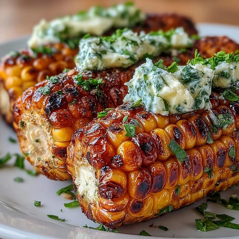 Memorial Day celebration spread featuring juicy grilled corn with herbed butters, garnished with fresh herbs and perfect for summer cookouts.