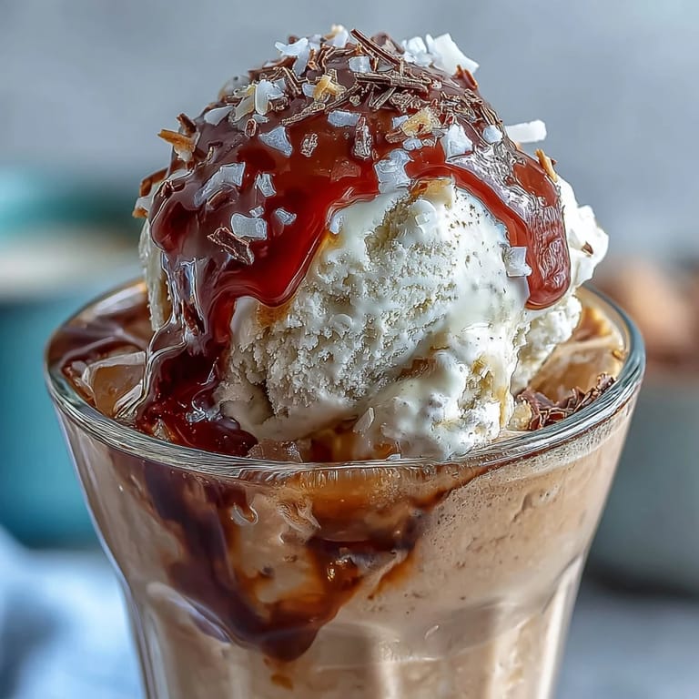 Refreshing coconut cold brew float with vanilla bean ice cream, garnished with shaved dark chocolate and mint.
