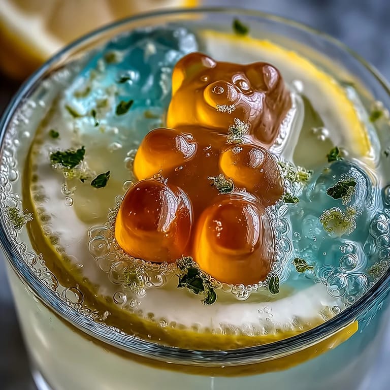 Refreshing lemonade gelatin cups filled with assorted gummy bears and topped with fresh mint leaves, creating a playful dessert that's both visually stunning and delicious.