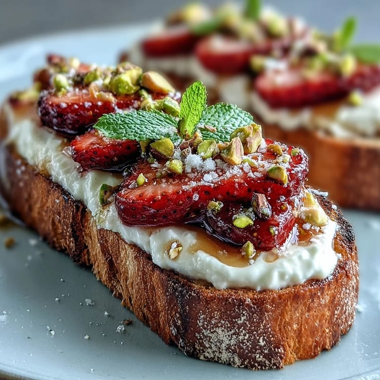 Creamy ricotta spread on crisp toast, crowned with vibrant strawberries, a honey drizzle, chopped pistachios, and a sprinkle of flaky sea salt.
