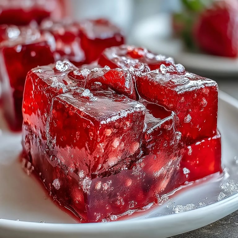 Silky cream surrounds fragrant rose and strawberry gelatin cubes in this eye-catching dessert.  