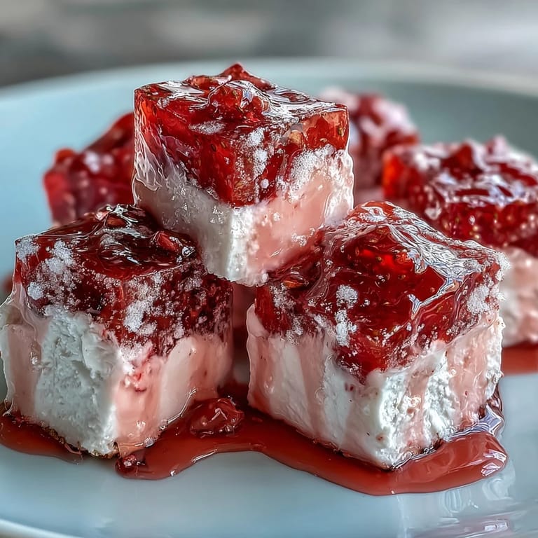 A dazzling mosaic of strawberry and rose gelatin cubes set in a smooth, creamy cake.