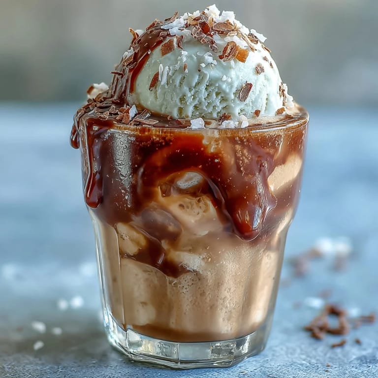 Tropical coconut cold brew coffee poured over ice and crowned with a scoop of rich vanilla bean ice cream.  