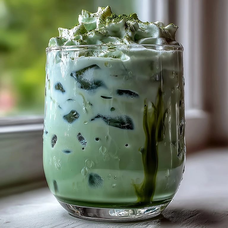 Elegant layered iced matcha latte topped with fluffy vanilla foam, an ideal drink for special occasions.