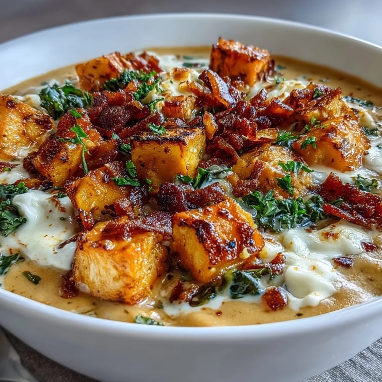 Thick sweet potato chowder blended with cream, topped with pancetta and fresh kale leaves.