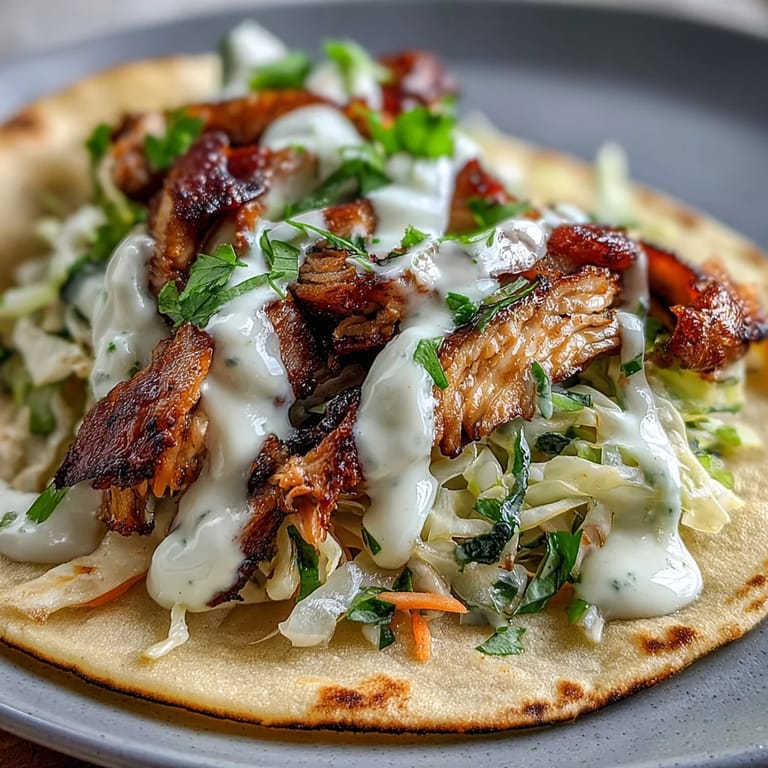 Flavorful roasted chicken cabbage tacos topped with marinated slaw, creamy lemon crema, and fresh cilantro for a light meal.  