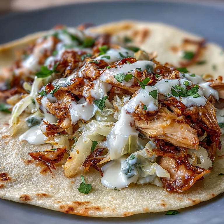 Colorful roasted chicken cabbage tacos featuring tender chicken, crunchy cabbage slaw, and tangy lemon crema in soft tortillas.