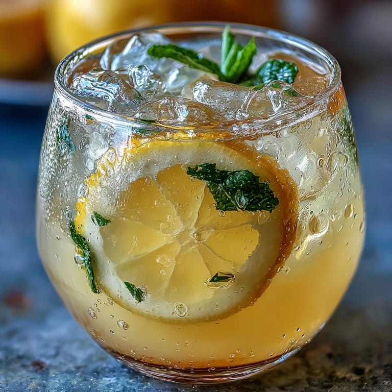 Glass of zesty ginger prebiotic lemonade with ice cubes, showcasing bright citrus color and aromatic ginger syrup infusion.  