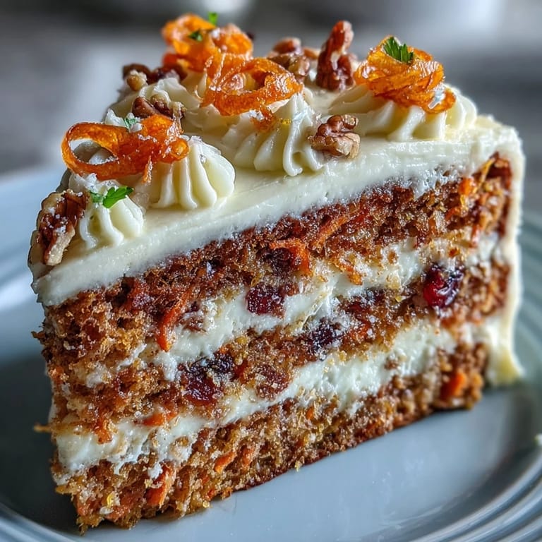 Moist spiced carrot cake layered with rich cream cheese frosting, decorated with delicate candied carrot curls.