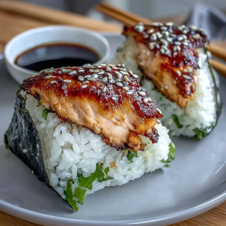 Warm rice balls stuffed with tender grilled salmon, wrapped in nori, and lightly charred for a satisfying meal.  