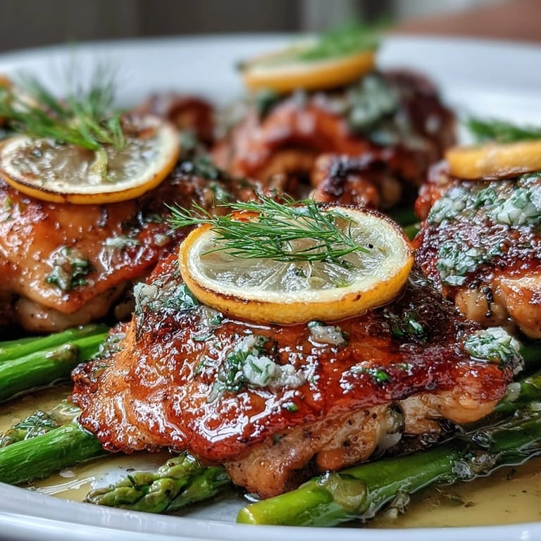Juicy, herb-infused chicken roasted with vibrant asparagus and fresh lemon slices.
