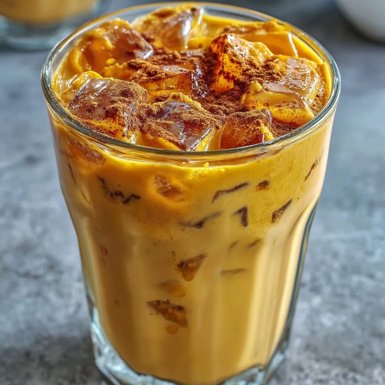 Refreshing Turmeric Golden Milk Iced Latte, beautifully garnished and served over crisp ice cubes.