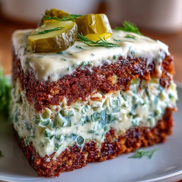 Moist Pickle Cake layers topped with creamy dill frosting, ready to serve.