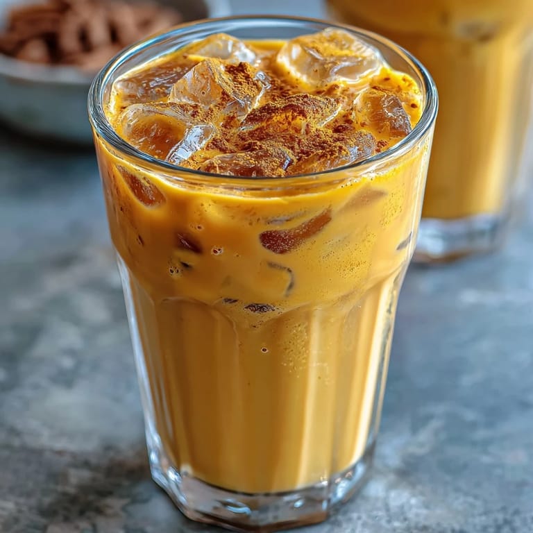 Chilled Turmeric Golden Milk Iced Latte, visually stunning with warming spices and a hint of sweetness.