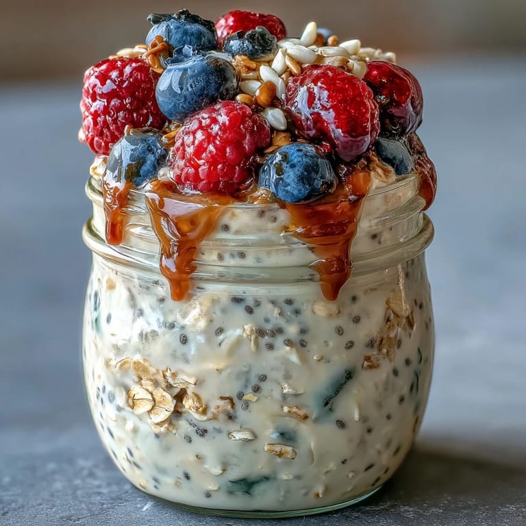 Hearty overnight oats topped with fresh fruit and seeds.