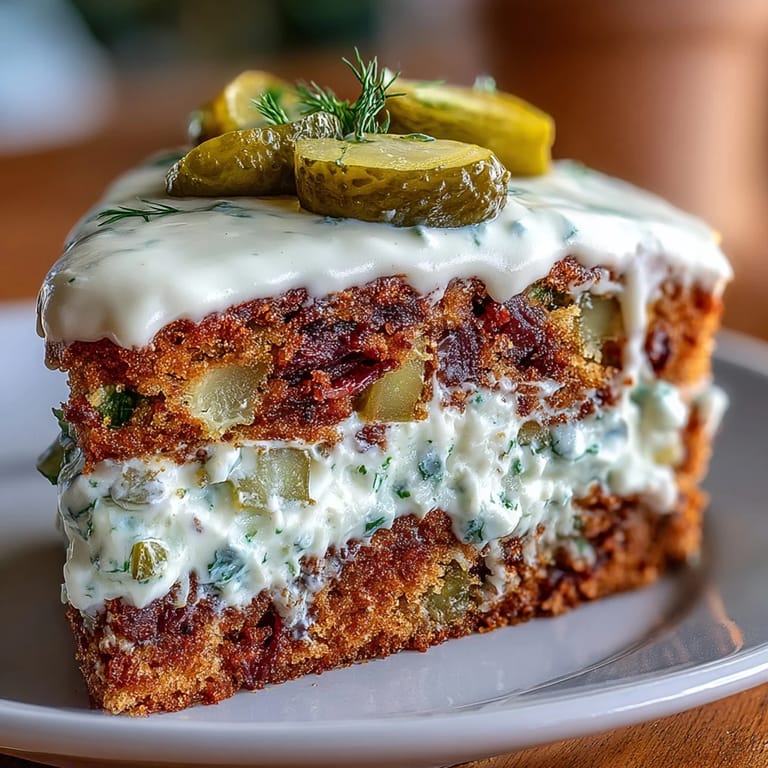 Dill Cream Frosting generously coats this unique Savory Pickle Cake appetizer.