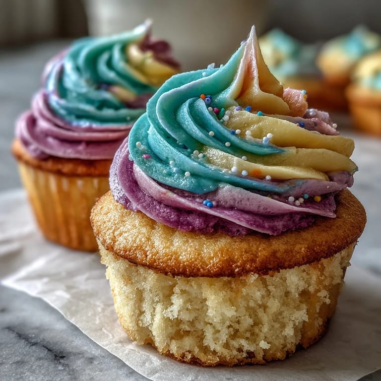 Fluffy vanilla cupcakes crowned with luscious, artistic two-color frosting.
