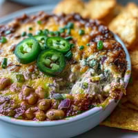 Freshly baked Hot Black-Eyed Pea Dip with Jalapeño and Cumin in a dish, bubbling and golden, with a bowl of tortilla chips ready for dipping.