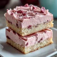 Buttery sugar cookie bars topped with creamy strawberry frosting and festive sprinkles for Valentine's Day.  
