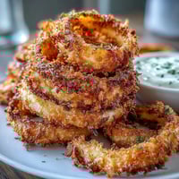Crispy baked onion rings golden brown and served with creamy smoky paprika dip for a delicious appetizer.  
