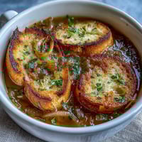 Creamy roasted garlic and onion soup with golden herb croutons in a rustic bowl, garnished with fresh parsley.  